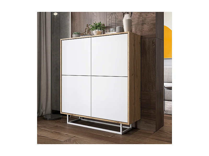 Commode avec 4 portes  - carcasse chêne wotan façades blanc mat - 113 cm, cadre métallique