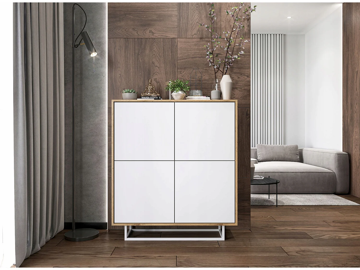 Commode avec 4 portes  - carcasse chêne wotan façades blanc mat - 113 cm, cadre métallique