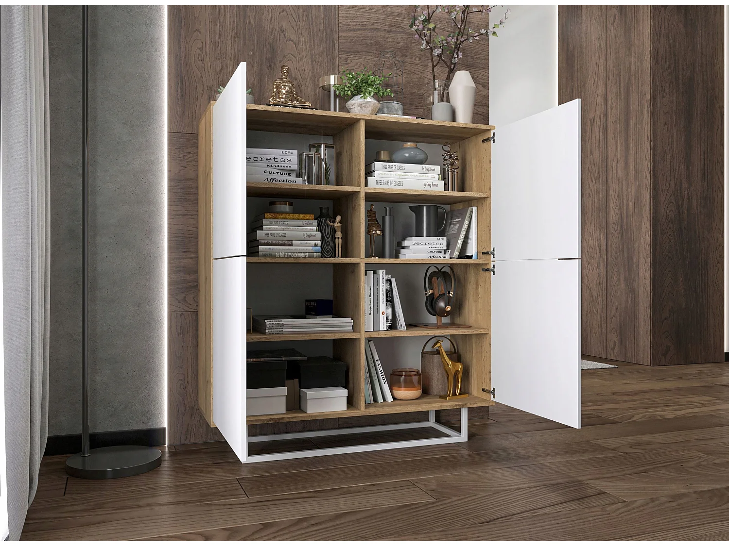 Commode avec 4 portes  - carcasse chêne wotan façades blanc mat - 113 cm, cadre métallique