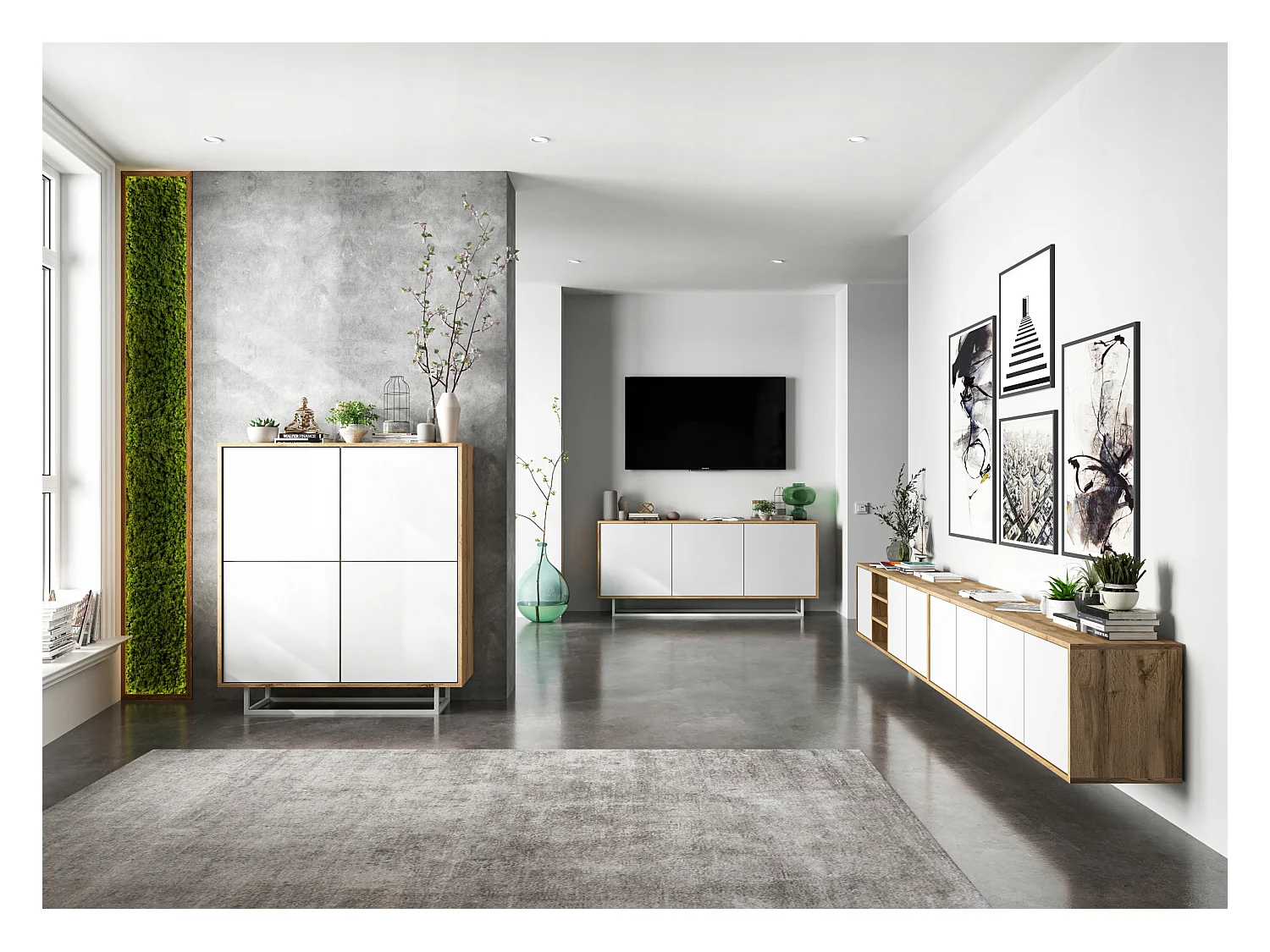 Commode avec 4 portes  - carcasse chêne wotan façades blanc mat - 113 cm, cadre métallique