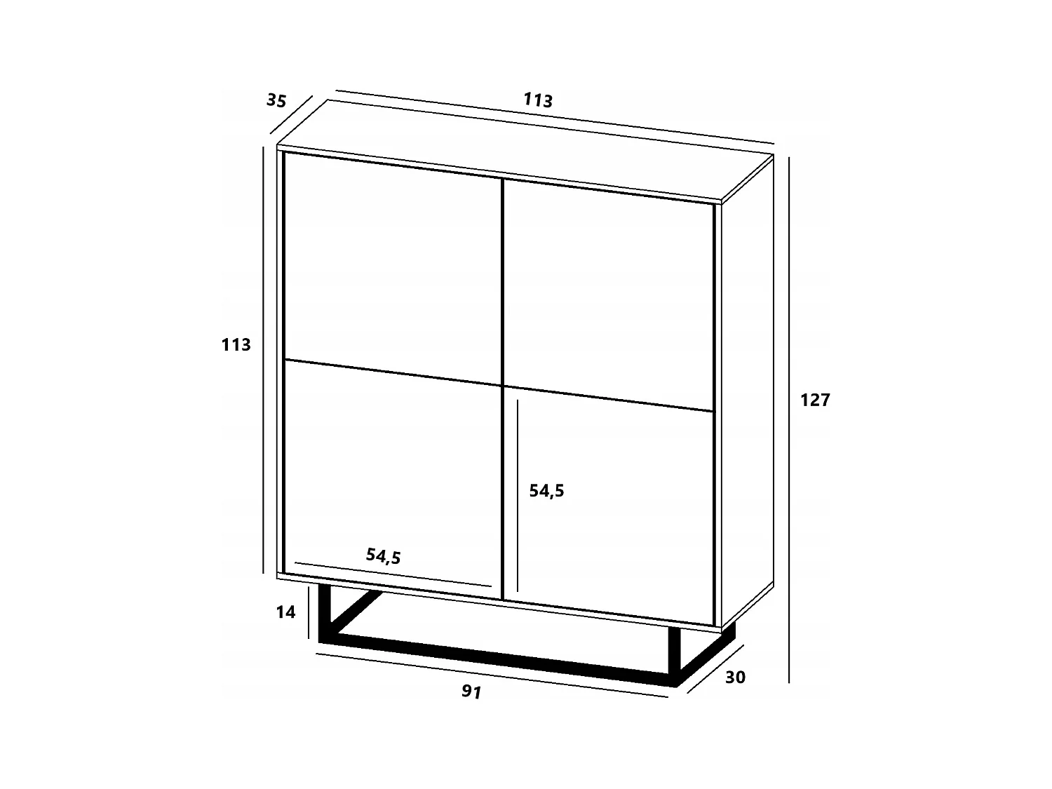 Commode avec 4 portes  - carcasse chêne wotan façades blanc mat - 113 cm, cadre métallique