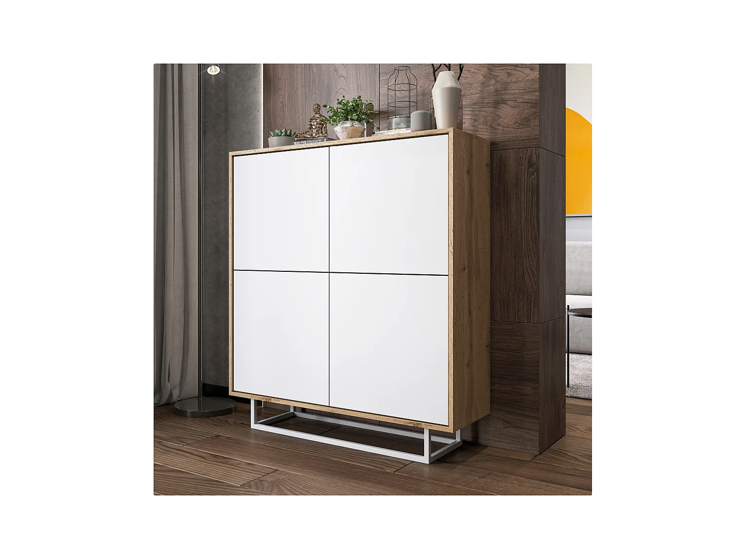 Commode avec 4 portes  - carcasse chêne wotan façades blanc mat - 113 cm, cadre métallique