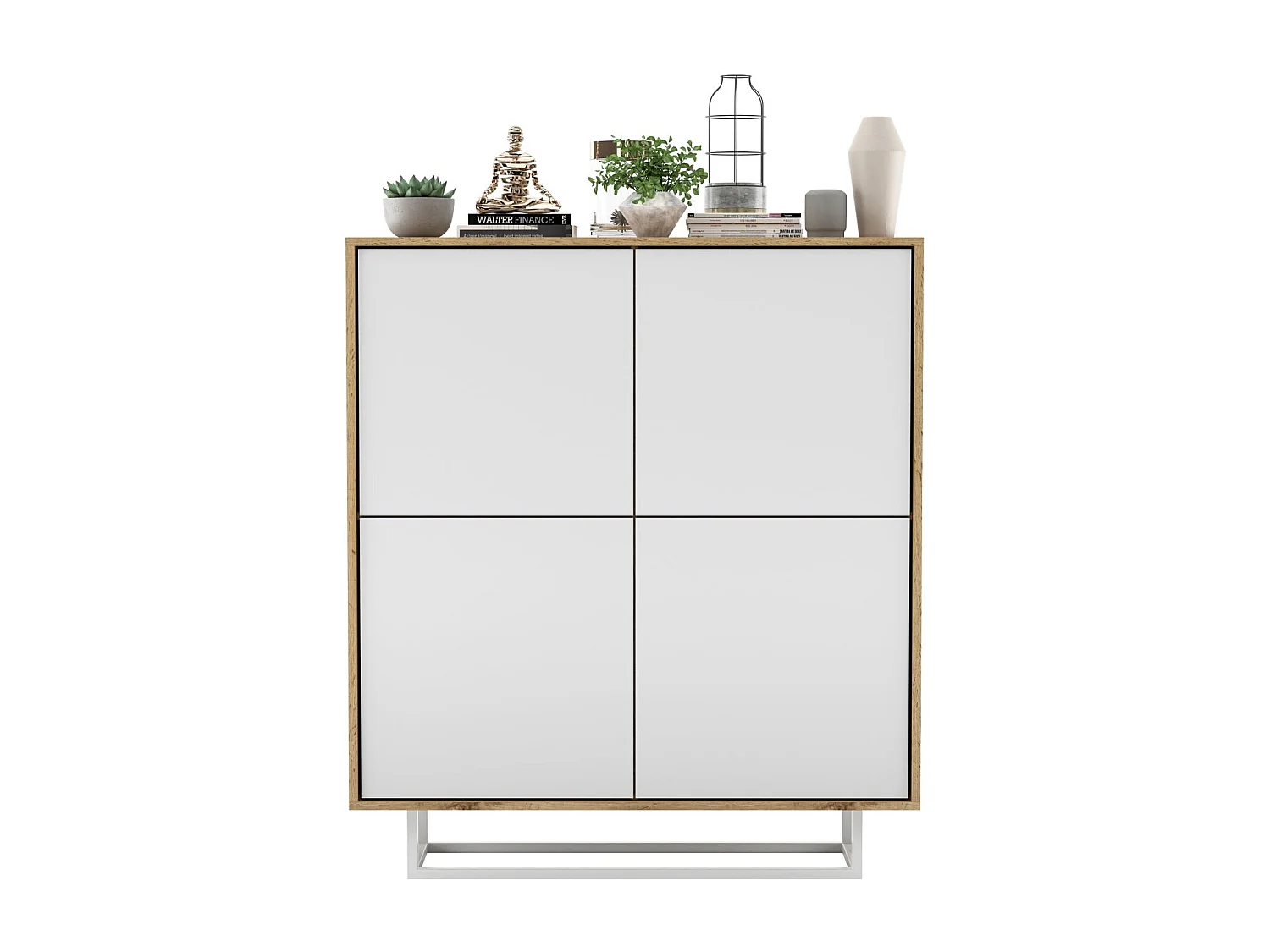 Commode avec 4 portes  - carcasse chêne wotan façades blanc mat - 113 cm, cadre métallique