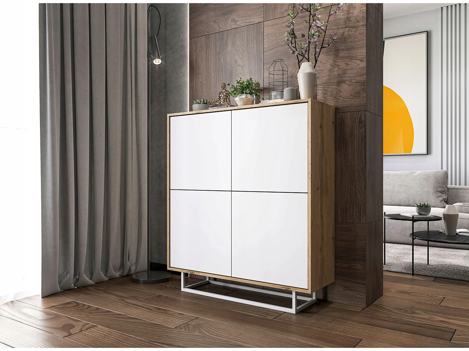 Commode avec 4 portes  - carcasse chêne wotan façades blanc mat - 113 cm, cadre métallique