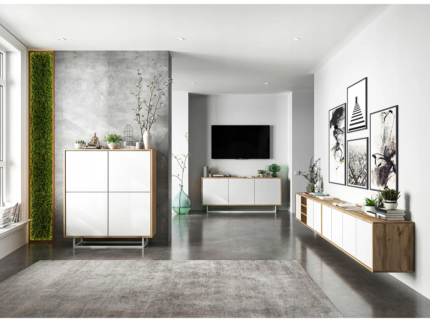 Commode avec 4 portes  - carcasse chêne wotan façades blanc mat - 113 cm, cadre métallique