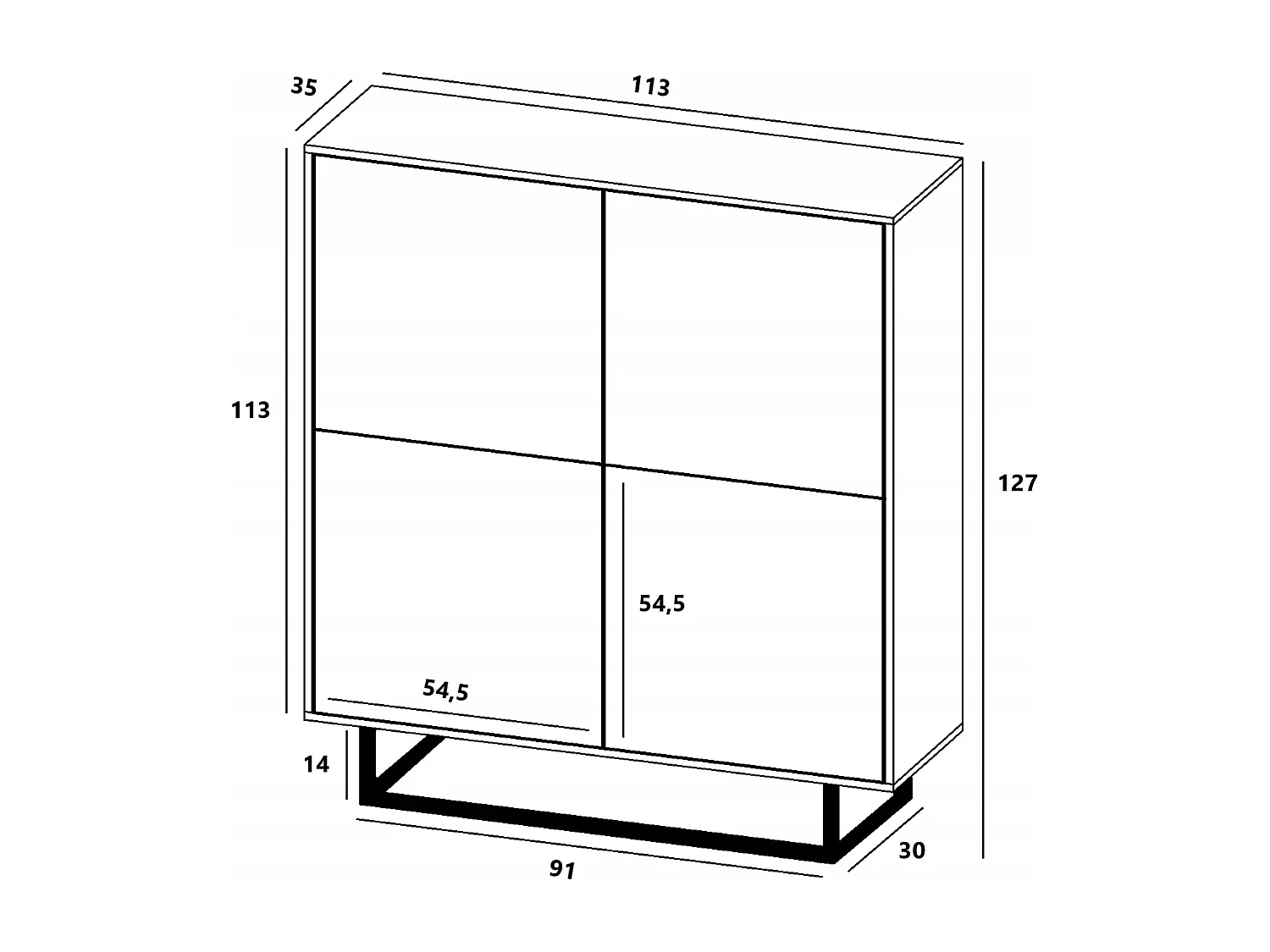 Commode avec 4 portes  - carcasse chêne wotan façades blanc mat - 113 cm, cadre métallique