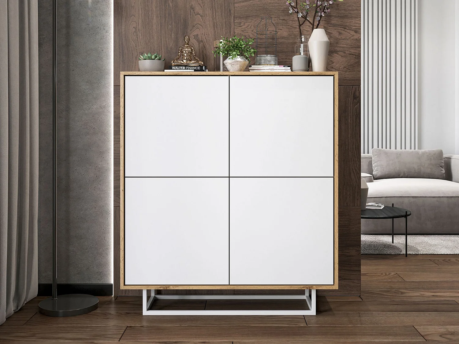 Commode avec 4 portes  - carcasse chêne wotan façades blanc mat - 113 cm, cadre métallique