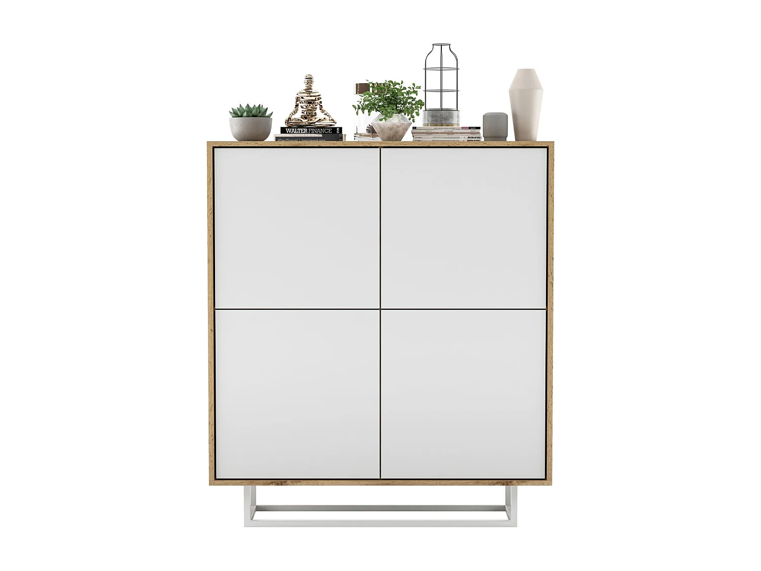 Dressoir met 4 deuren - corpus eiken wotan, fronten wit mat - 113 cm, metalen frame