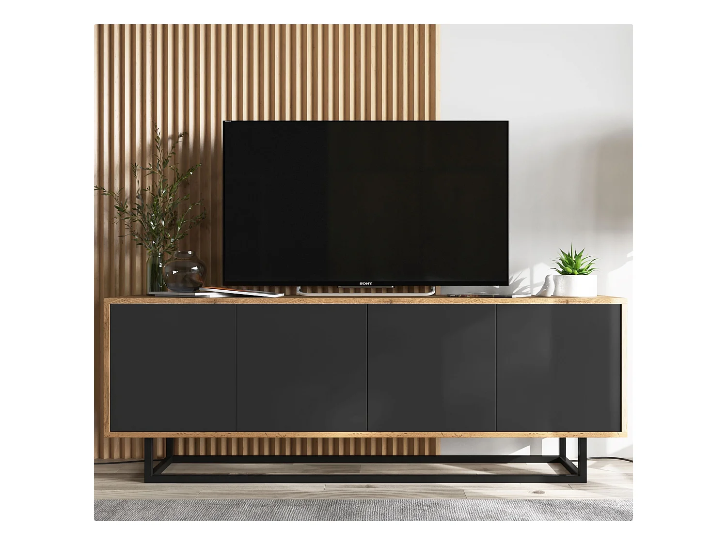 Meuble TV avec 4 portes  - carcasse chêne wotan façades noir mat - 150 cm, cadre métallique