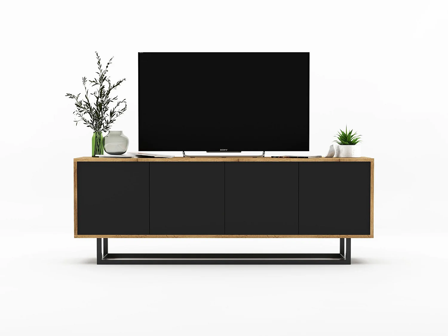 Meuble TV avec 4 portes  - carcasse chêne wotan façades noir mat - 150 cm, cadre métallique