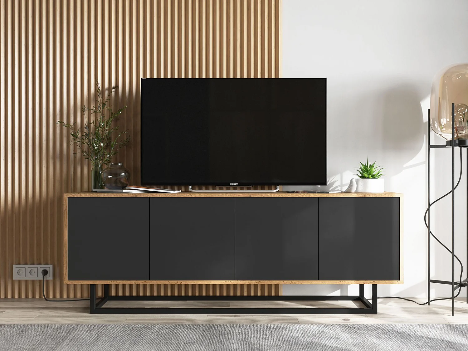 Meuble TV avec 4 portes  - carcasse chêne wotan façades noir mat - 150 cm, cadre métallique