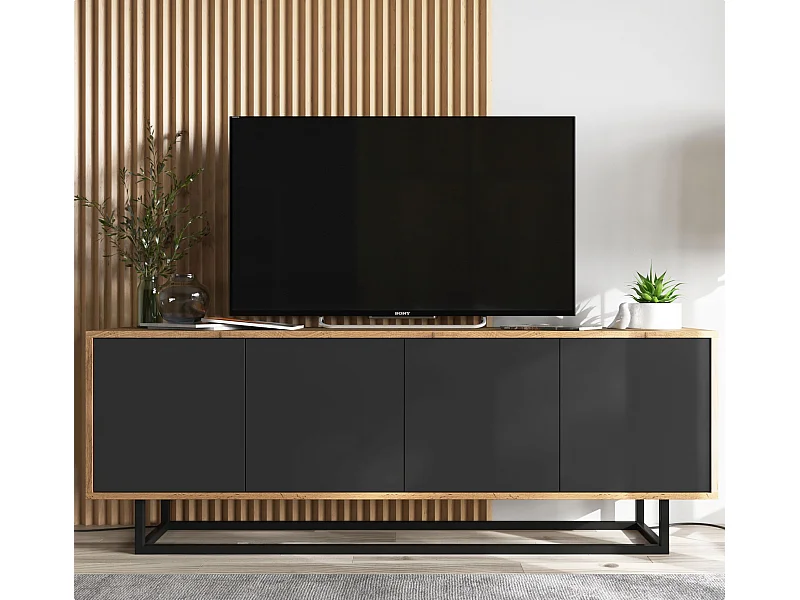 Meuble TV avec 4 portes  - carcasse chêne wotan façades noir mat - 150 cm, cadre métallique