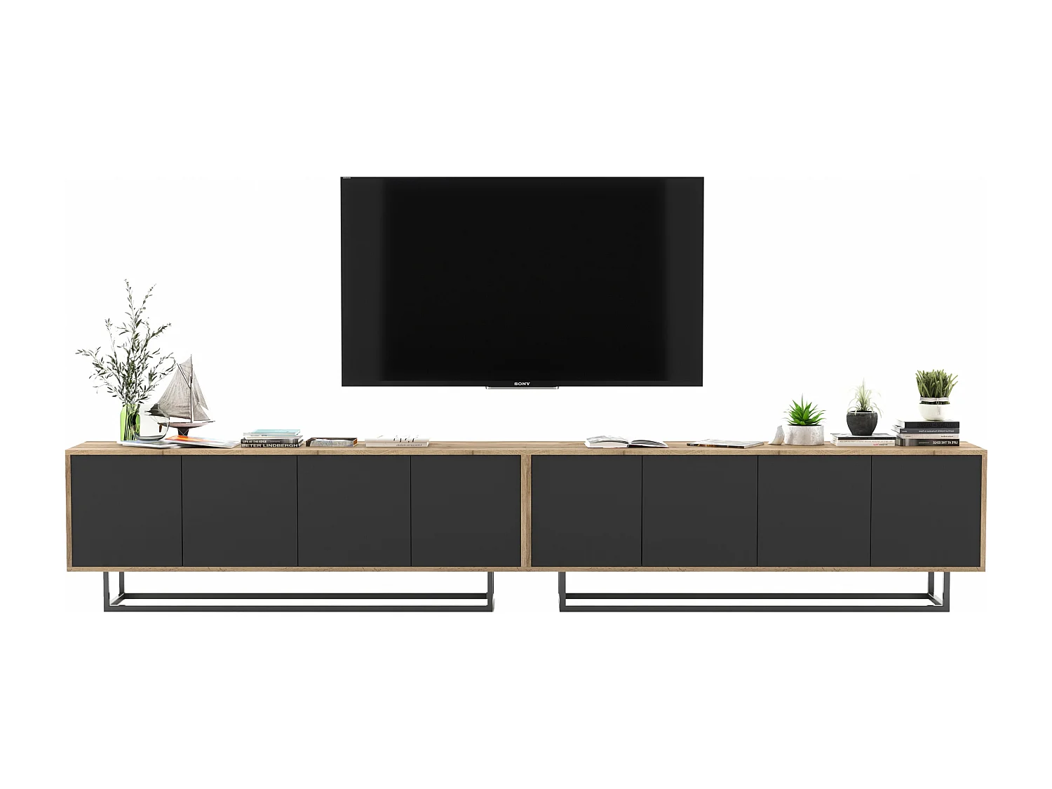 Meuble TV avec 8 portes  - carcasse chêne wotan façades noir mat - 300 cm, cadre métallique