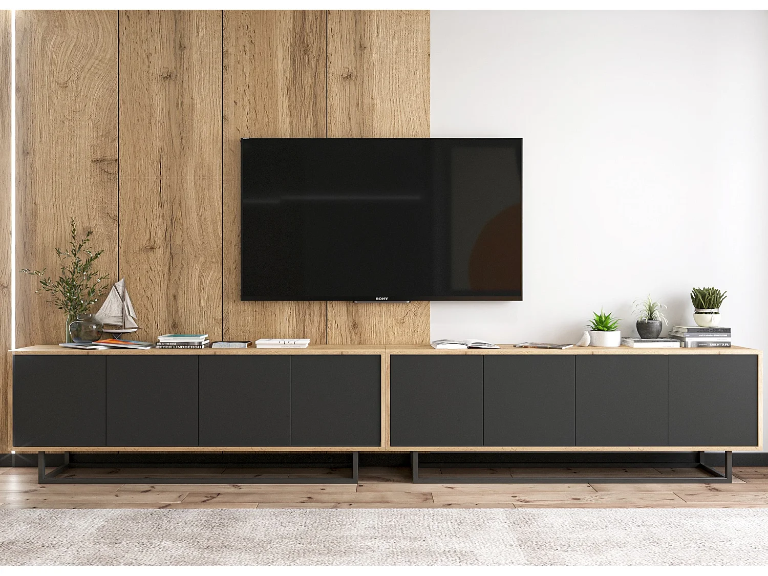 Meuble TV avec 8 portes  - carcasse chêne wotan façades noir mat - 300 cm, cadre métallique