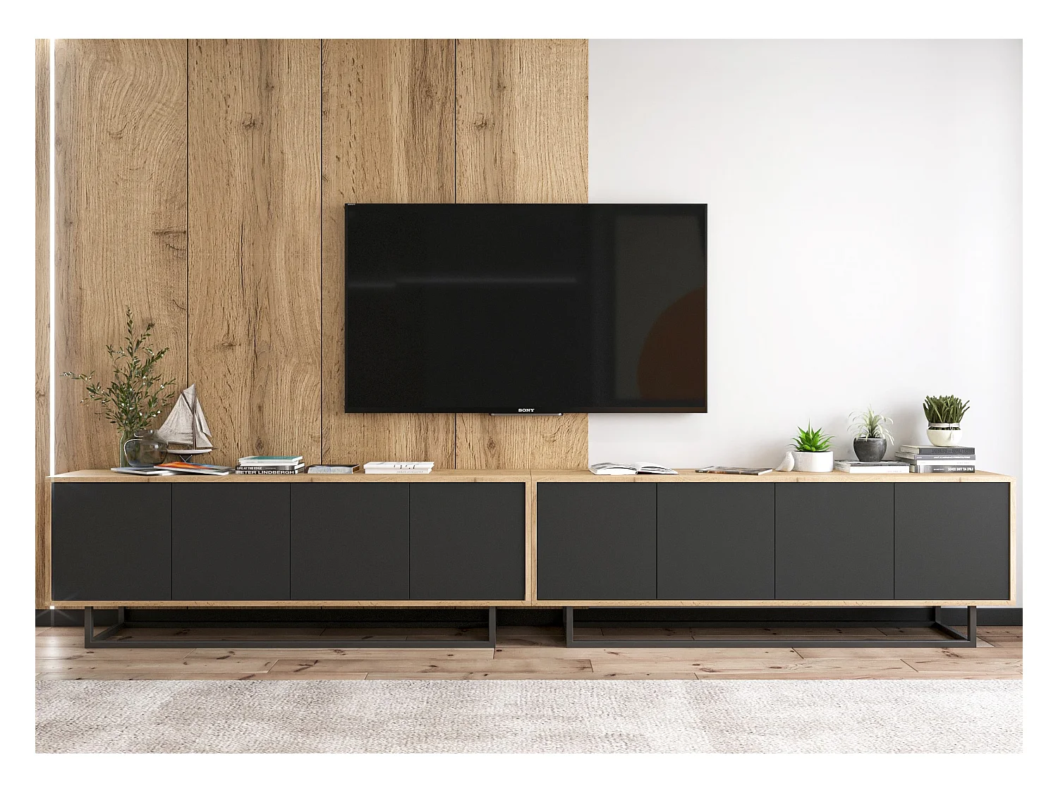 Meuble TV avec 8 portes  - carcasse chêne wotan façades noir mat - 300 cm, cadre métallique