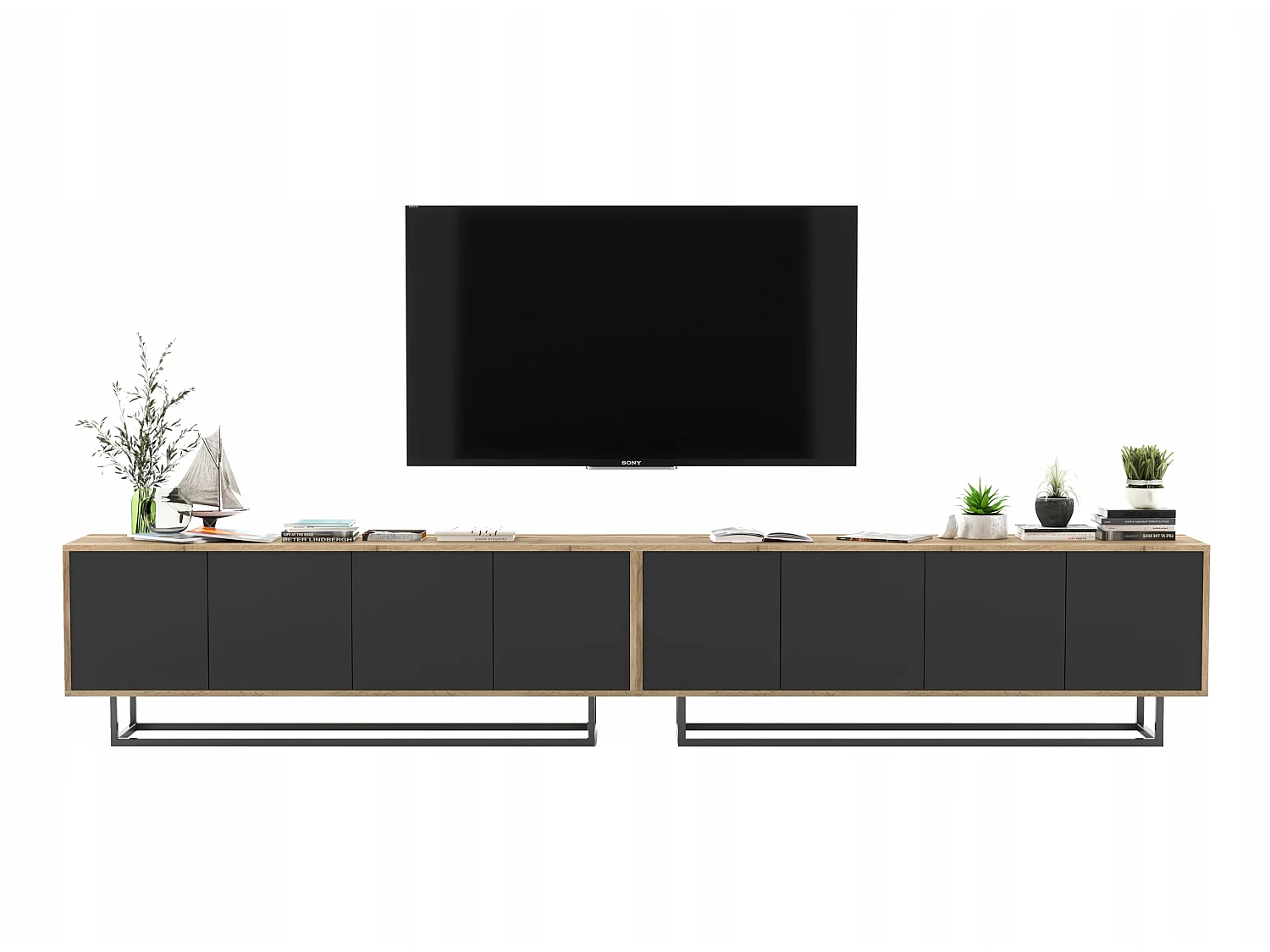 Meuble TV avec 8 portes  - carcasse chêne wotan façades noir mat - 300 cm, cadre métallique