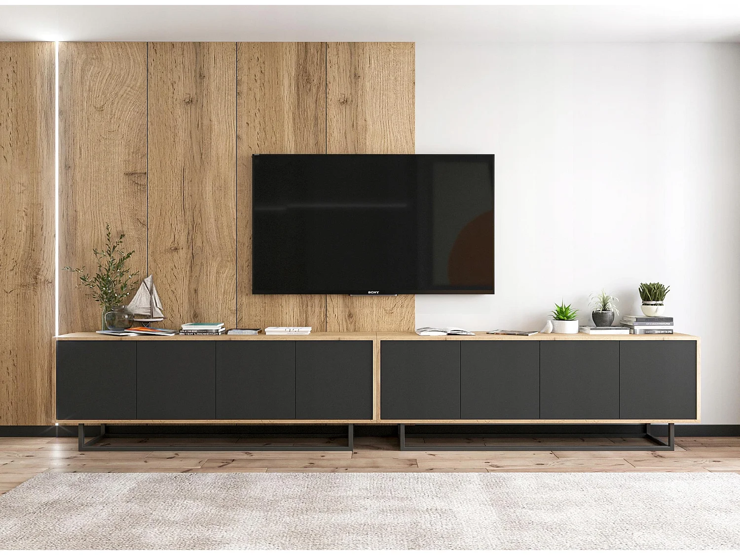 Meuble TV avec 8 portes  - carcasse chêne wotan façades noir mat - 300 cm, cadre métallique