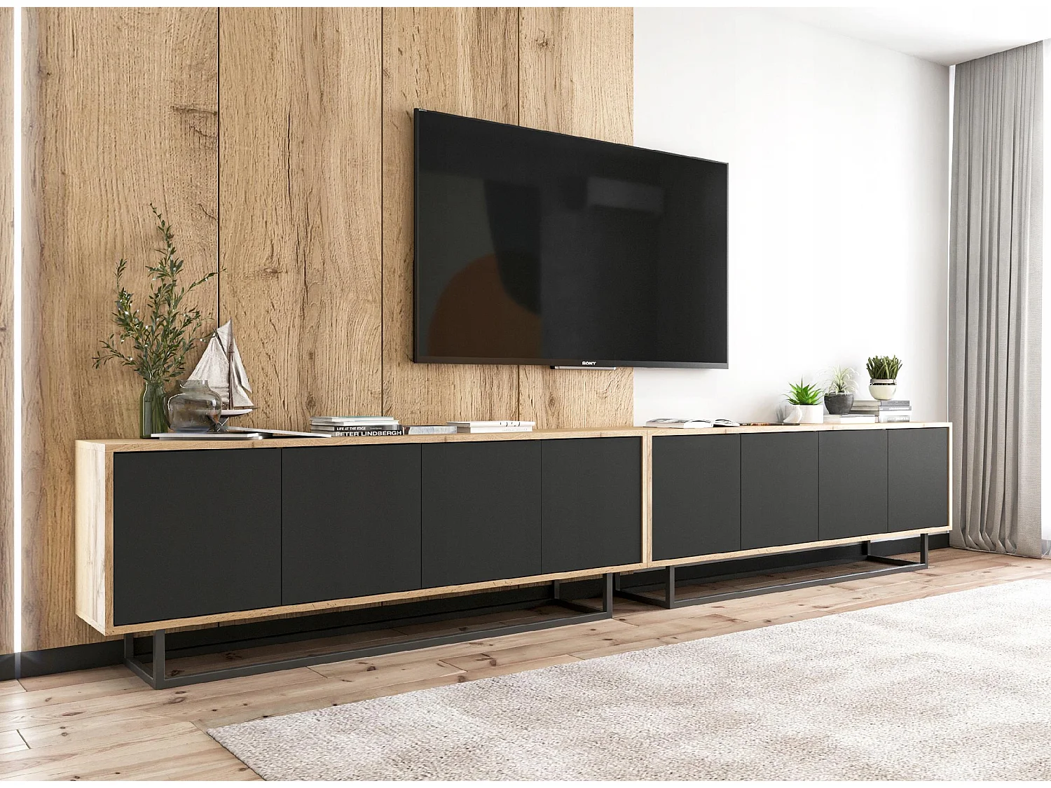 Meuble TV avec 8 portes  - carcasse chêne wotan façades noir mat - 300 cm, cadre métallique