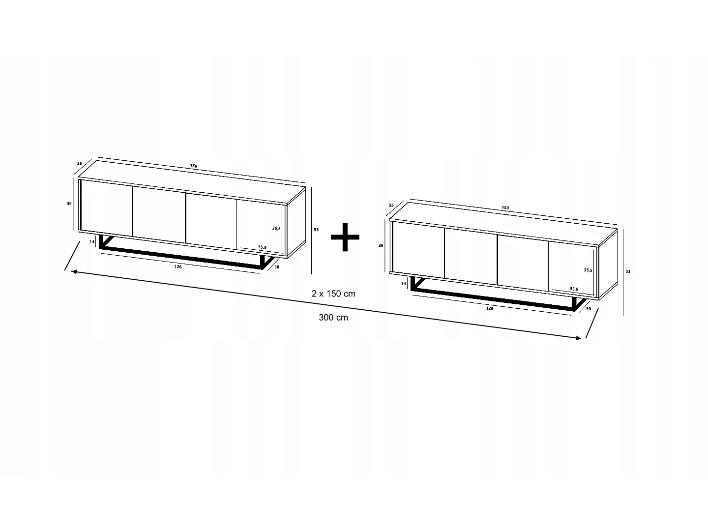 Meuble TV avec 8 portes  - carcasse chêne wotan façades noir mat - 300 cm, cadre métallique