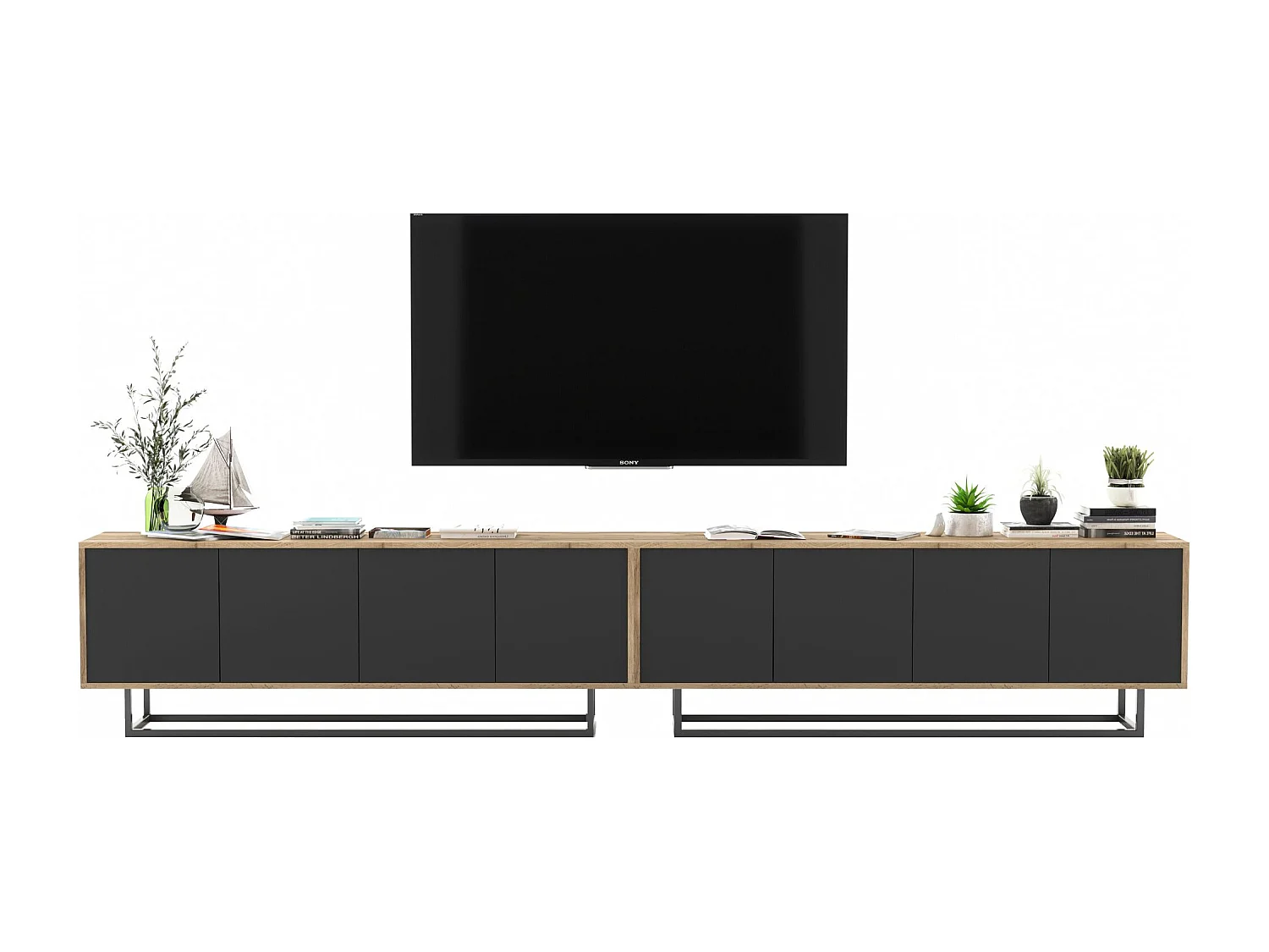 Meuble TV avec 8 portes  - carcasse chêne wotan façades noir mat - 300 cm, cadre métallique