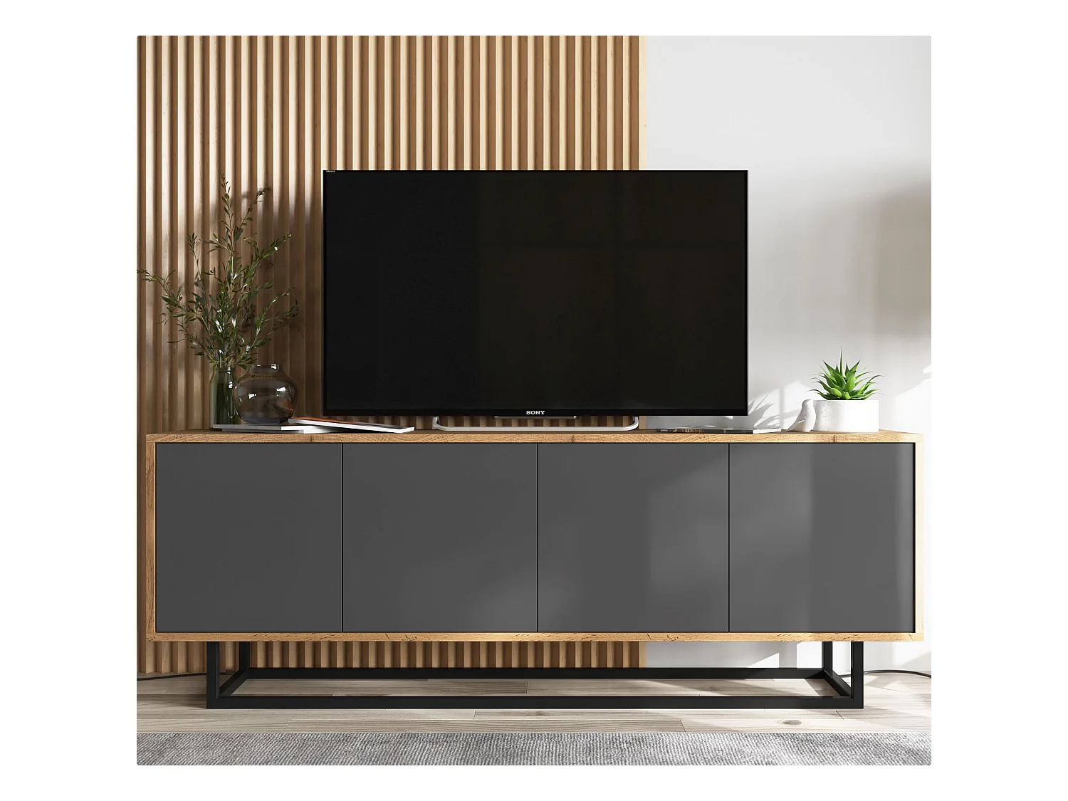 Meuble TV avec 4 portes  - carcasse chêne wotan façades graphite mat - 150 cm, cadre métallique