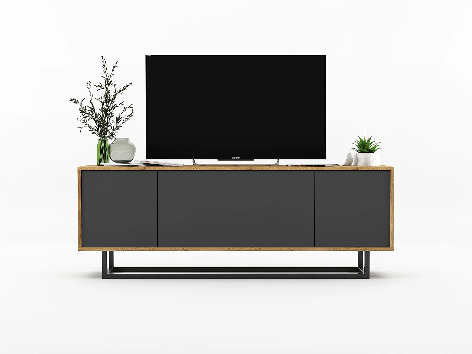 Meuble TV avec 4 portes  - carcasse chêne wotan façades graphite mat - 150 cm, cadre métallique