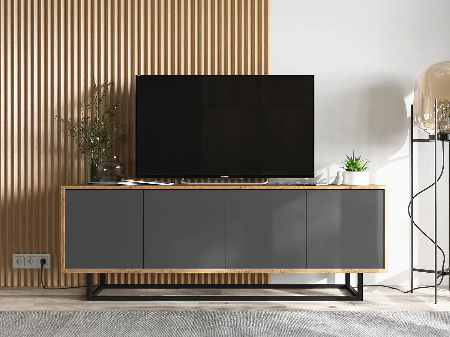 Meuble TV avec 4 portes  - carcasse chêne wotan façades graphite mat - 150 cm, cadre métallique