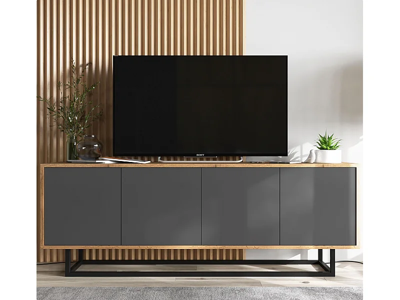 Móvel de TV com 4 portas - corpo carvalho wotan, frentes grafite mate - 150 cm, estrutura metálica