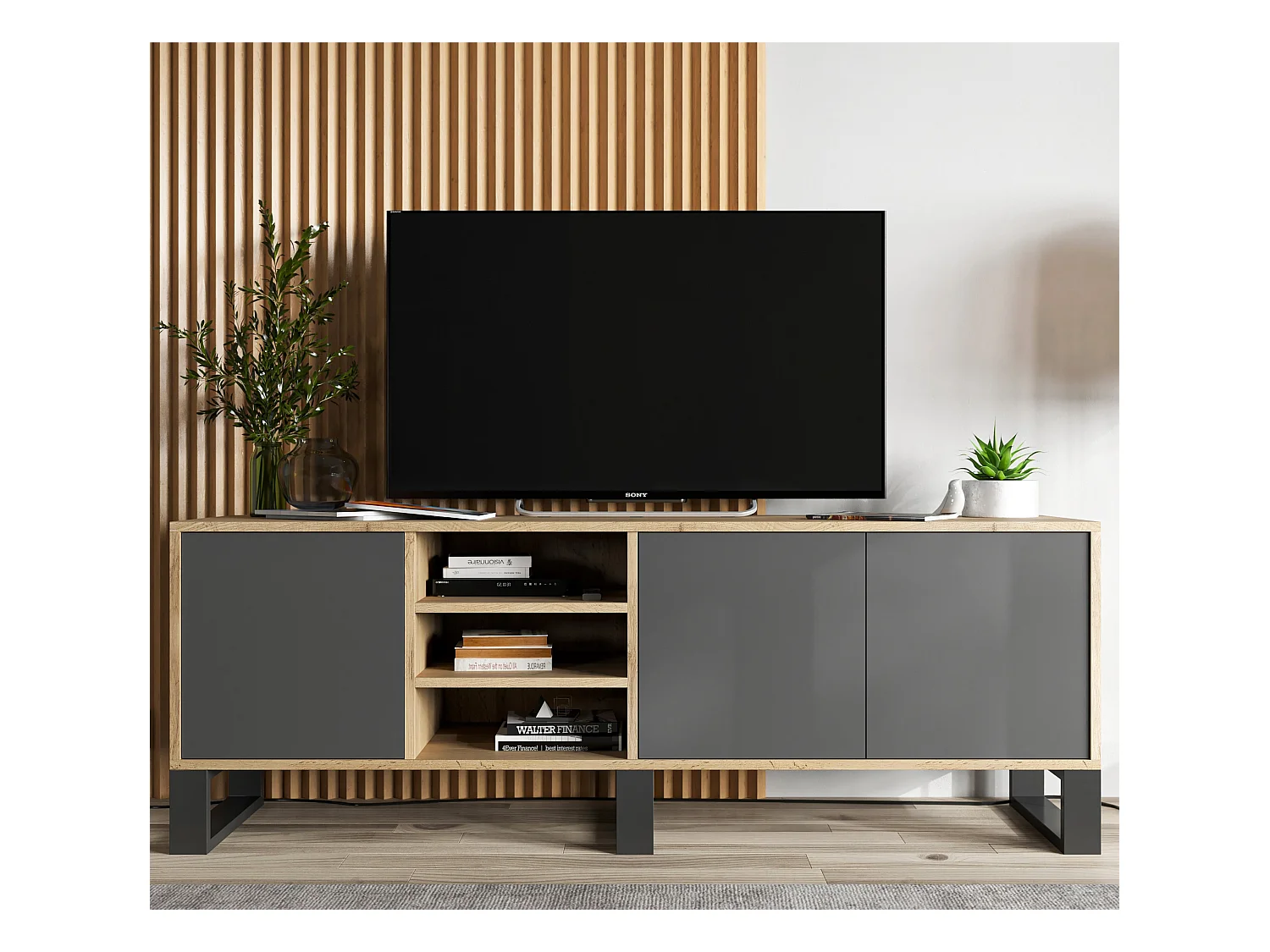 Meuble TV avec 3 portes et 1 niches - carcasse chêne wotan façades graphite mat - 150 cm, pieds en métal