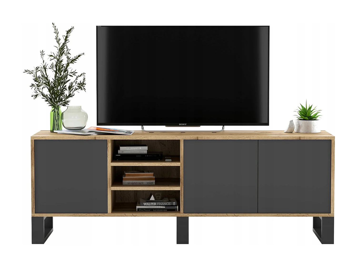 Meuble TV avec 3 portes et 1 niches - carcasse chêne wotan façades graphite mat - 150 cm, pieds en métal