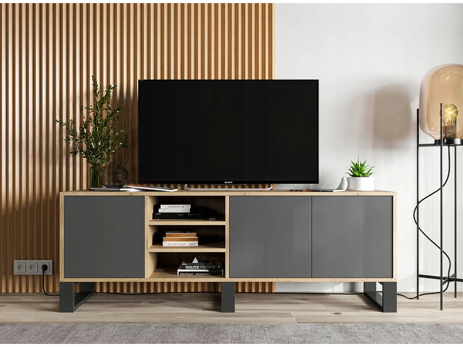 Meuble TV avec 3 portes et 1 niches - carcasse chêne wotan façades graphite mat - 150 cm, pieds en métal