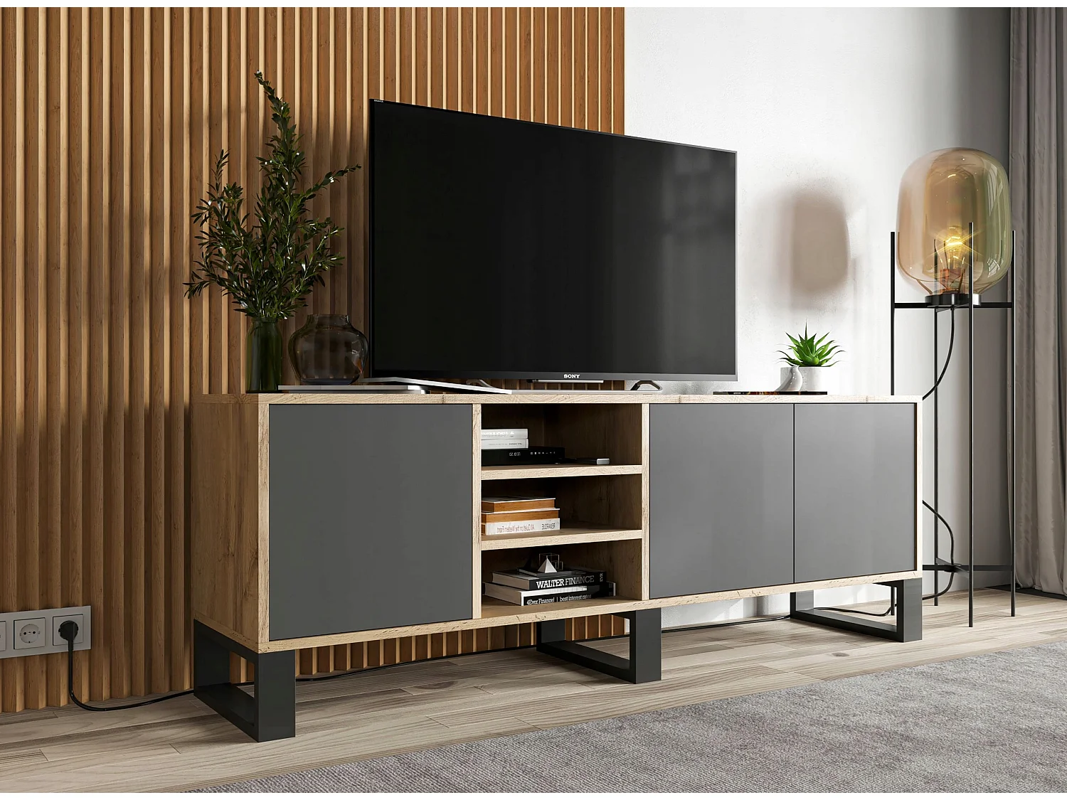 Meuble TV avec 3 portes et 1 niches - carcasse chêne wotan façades graphite mat - 150 cm, pieds en métal