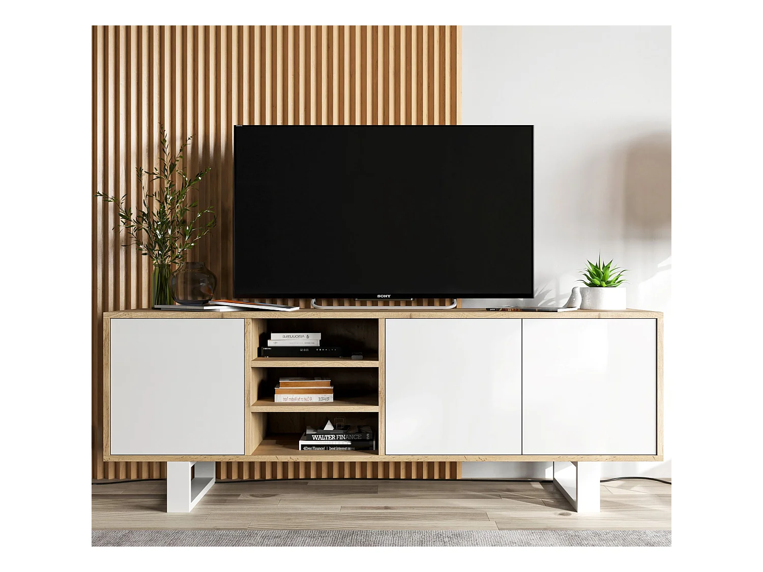Meuble TV avec 3 portes et 1 niches - carcasse chêne wotan façades blanc mat - 150 cm, pieds en métal