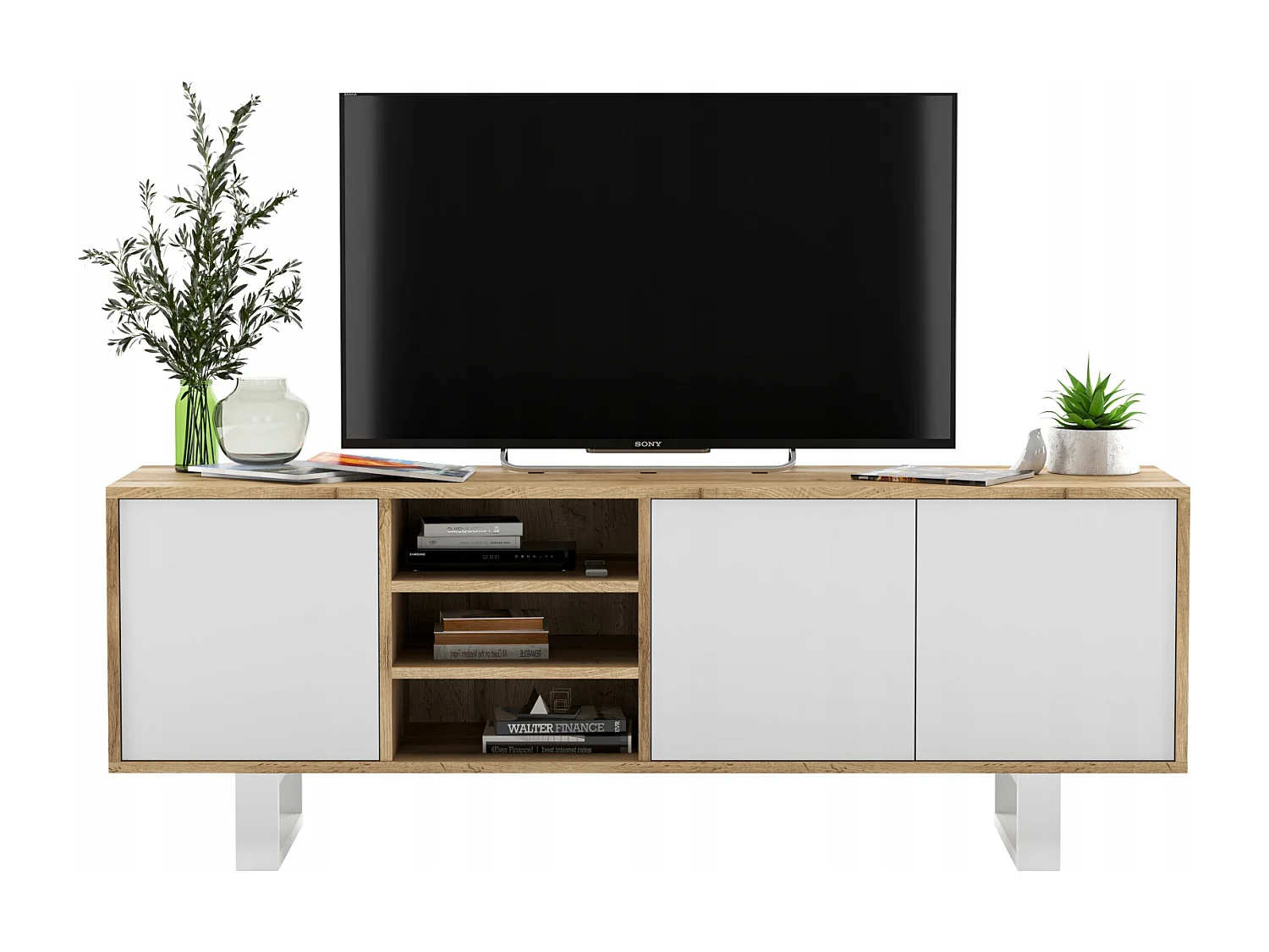 Meuble TV avec 3 portes et 1 niches - carcasse chêne wotan façades blanc mat - 150 cm, pieds en métal