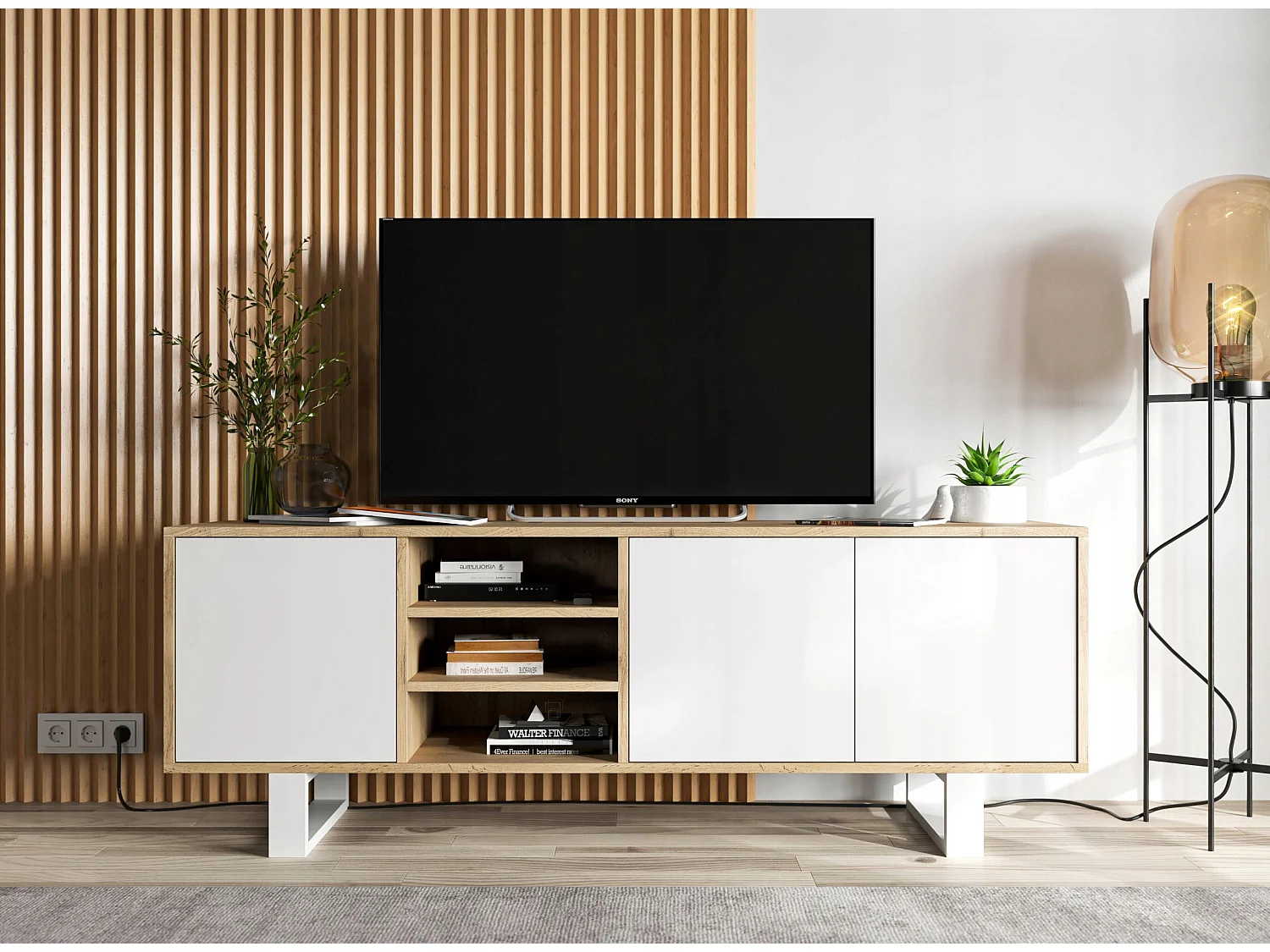 Meuble TV avec 3 portes et 1 niches - carcasse chêne wotan façades blanc mat - 150 cm, pieds en métal