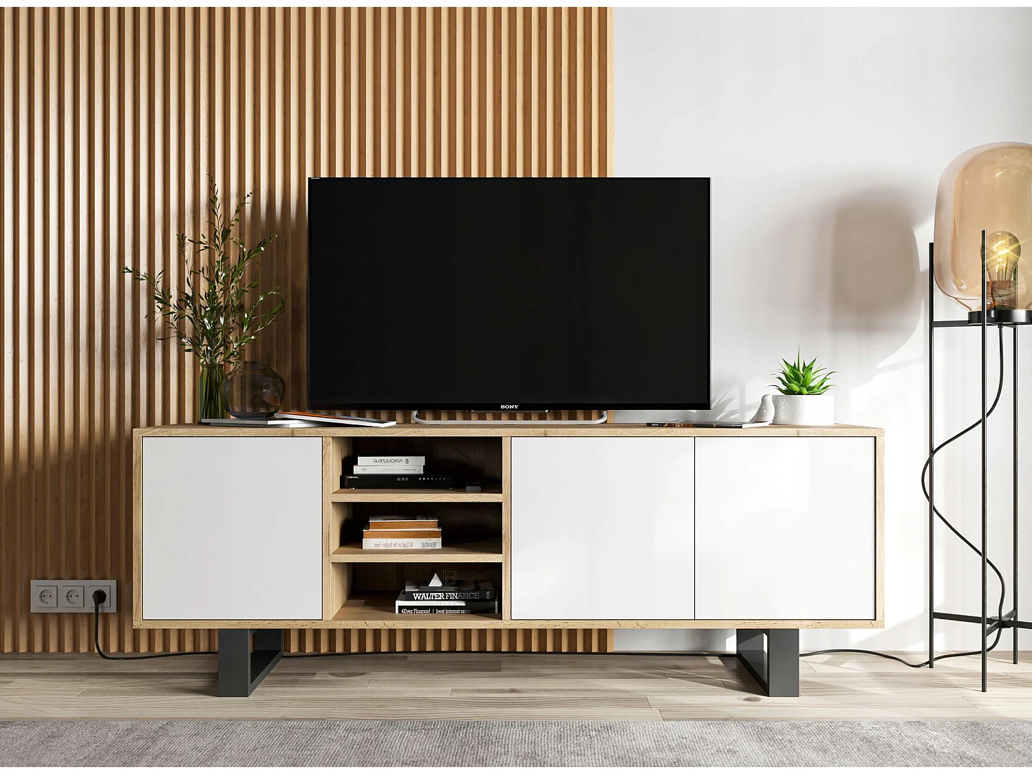 Meuble TV avec 3 portes et 1 niches - carcasse chêne wotan façades blanc mat - 150 cm, pieds en métal