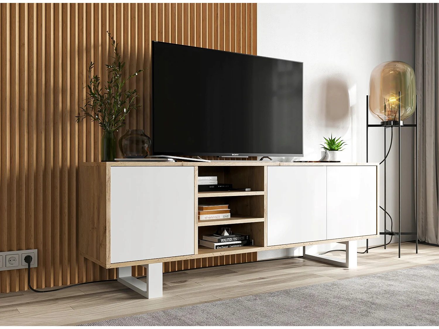 Meuble TV avec 3 portes et 1 niches - carcasse chêne wotan façades blanc mat - 150 cm, pieds en métal