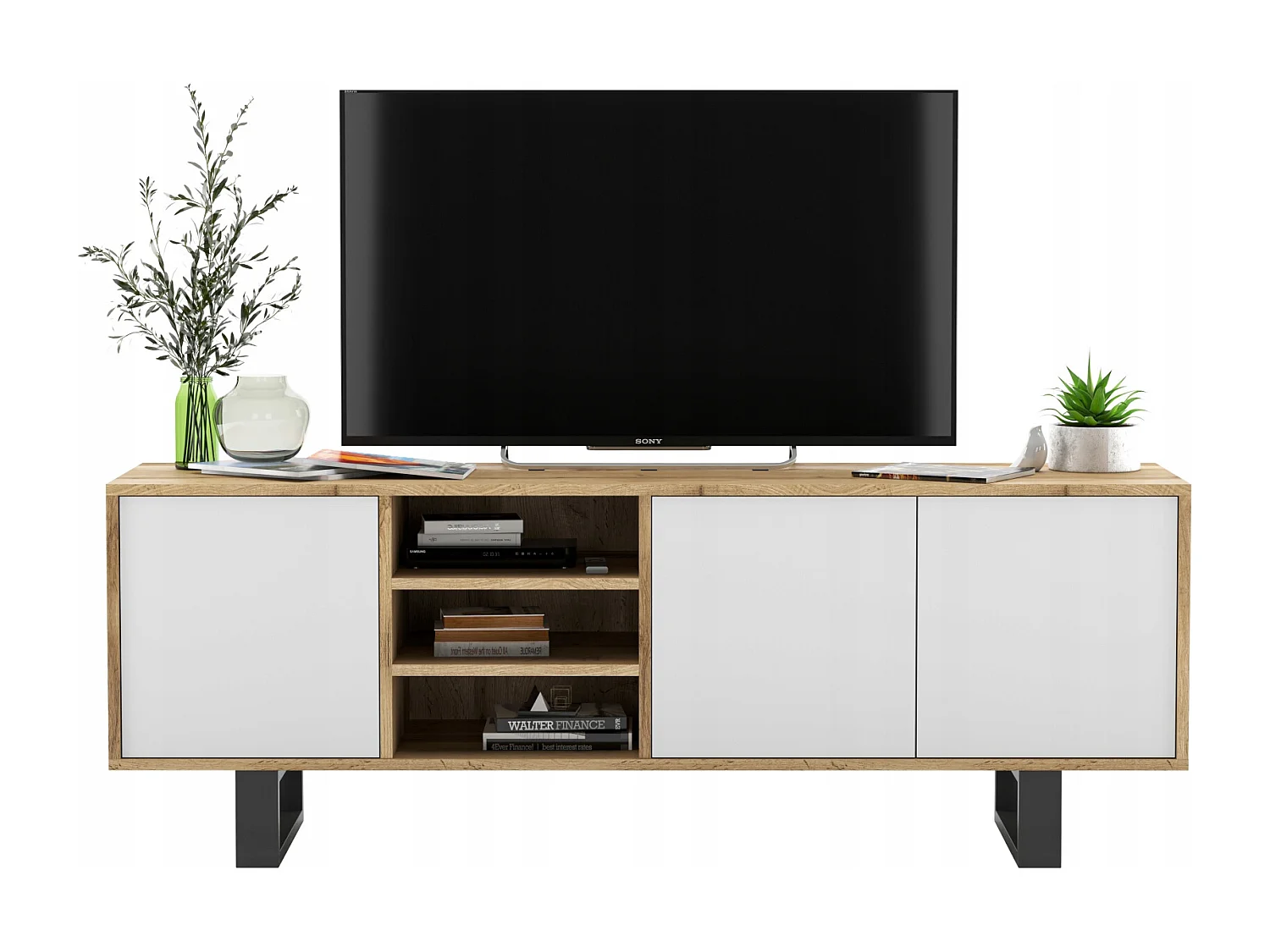 Meuble TV avec 3 portes et 1 niches - carcasse chêne wotan façades blanc mat - 150 cm, pieds en métal