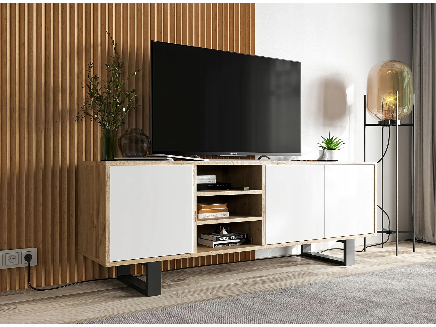 Meuble TV avec 3 portes et 1 niches - carcasse chêne wotan façades blanc mat - 150 cm, pieds en métal