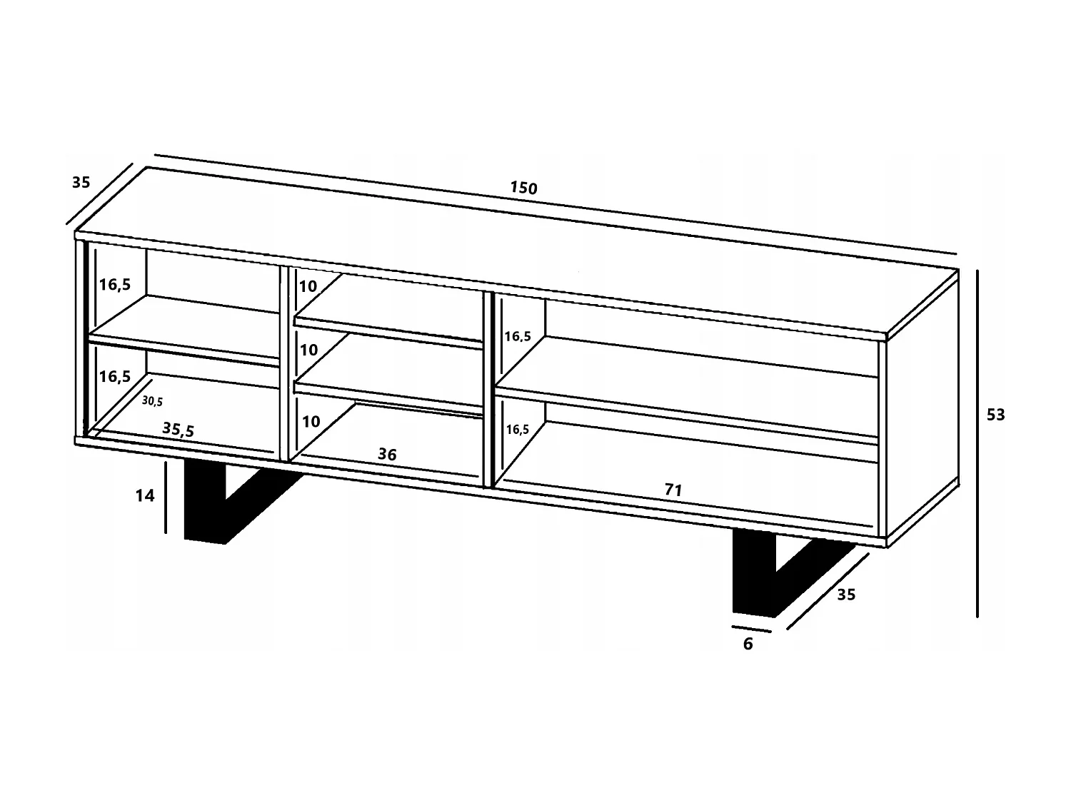 Meuble TV avec 3 portes et 1 niches - carcasse chêne wotan façades blanc mat - 150 cm, pieds en métal