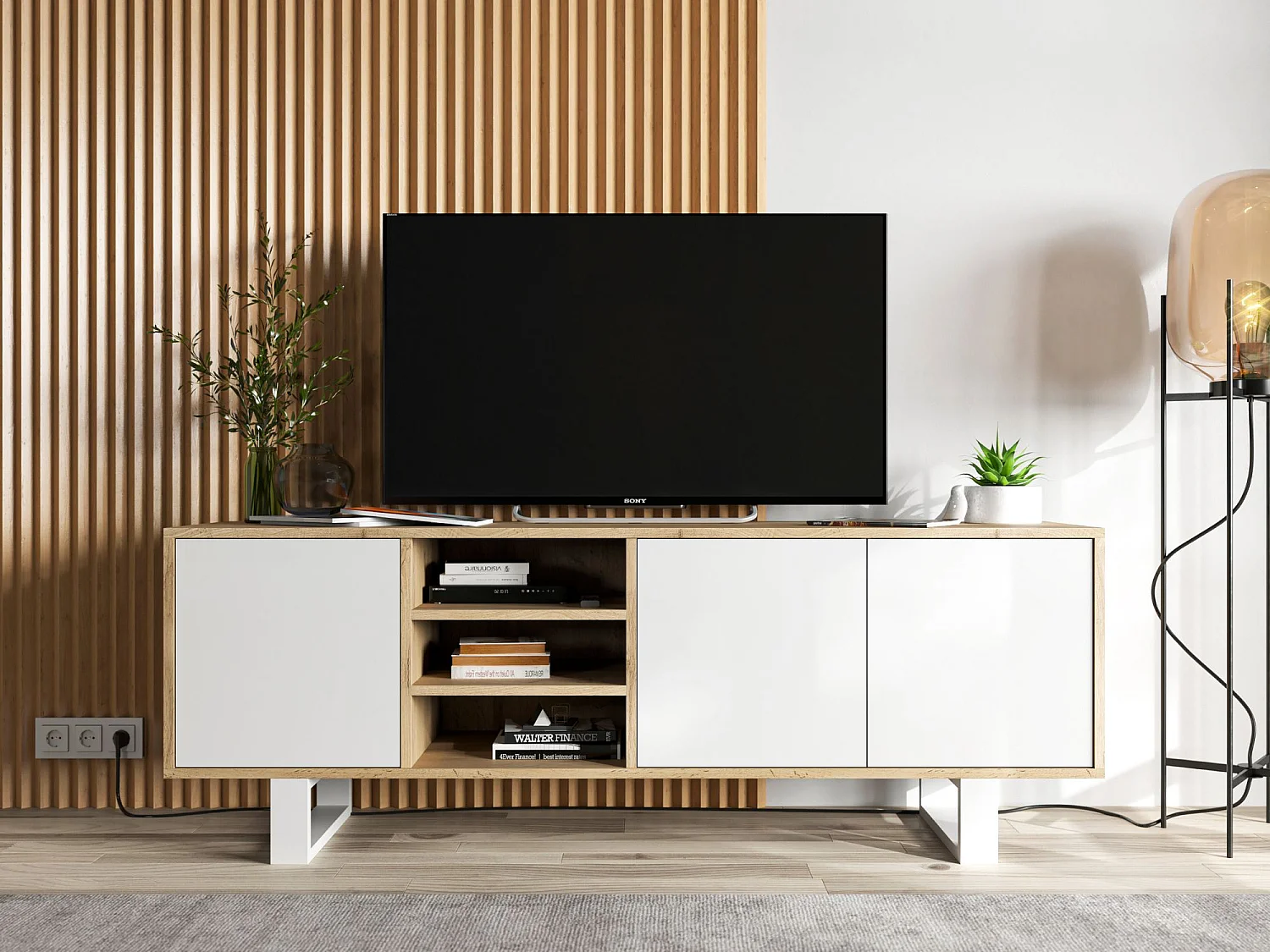 Meuble TV avec 3 portes et 1 niches - carcasse chêne wotan façades blanc mat - 150 cm, pieds en métal