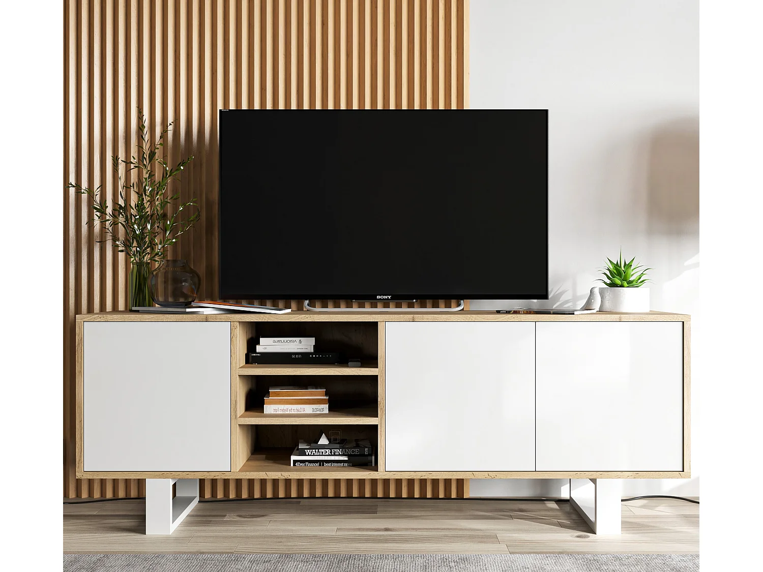 Meuble TV avec 3 portes et 1 niches - carcasse chêne wotan façades blanc mat - 150 cm, pieds en métal