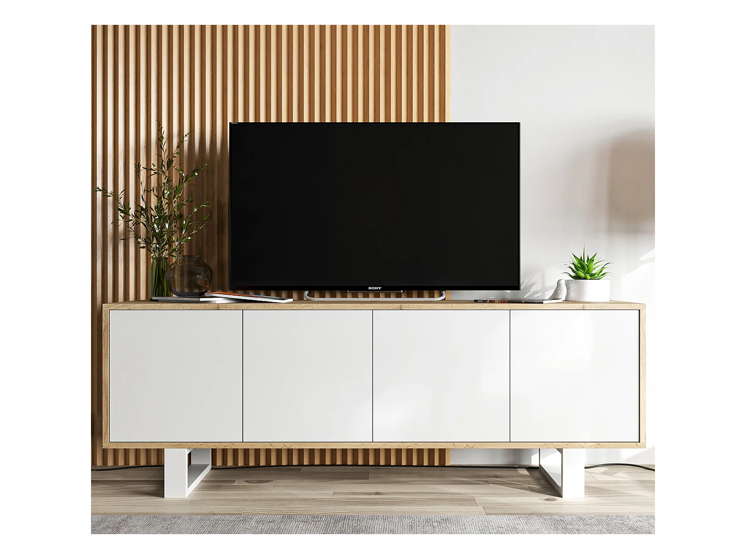 Meuble TV avec 4 portes - carcasse chêne wotan façades blanc mat - 150 cm, pieds en métal