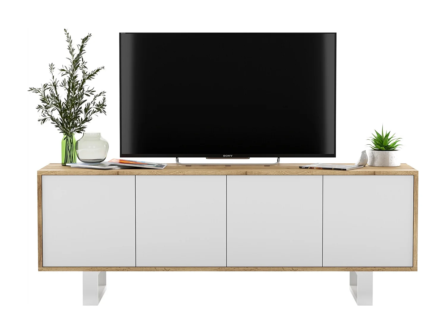 Meuble TV avec 4 portes - carcasse chêne wotan façades blanc mat - 150 cm, pieds en métal