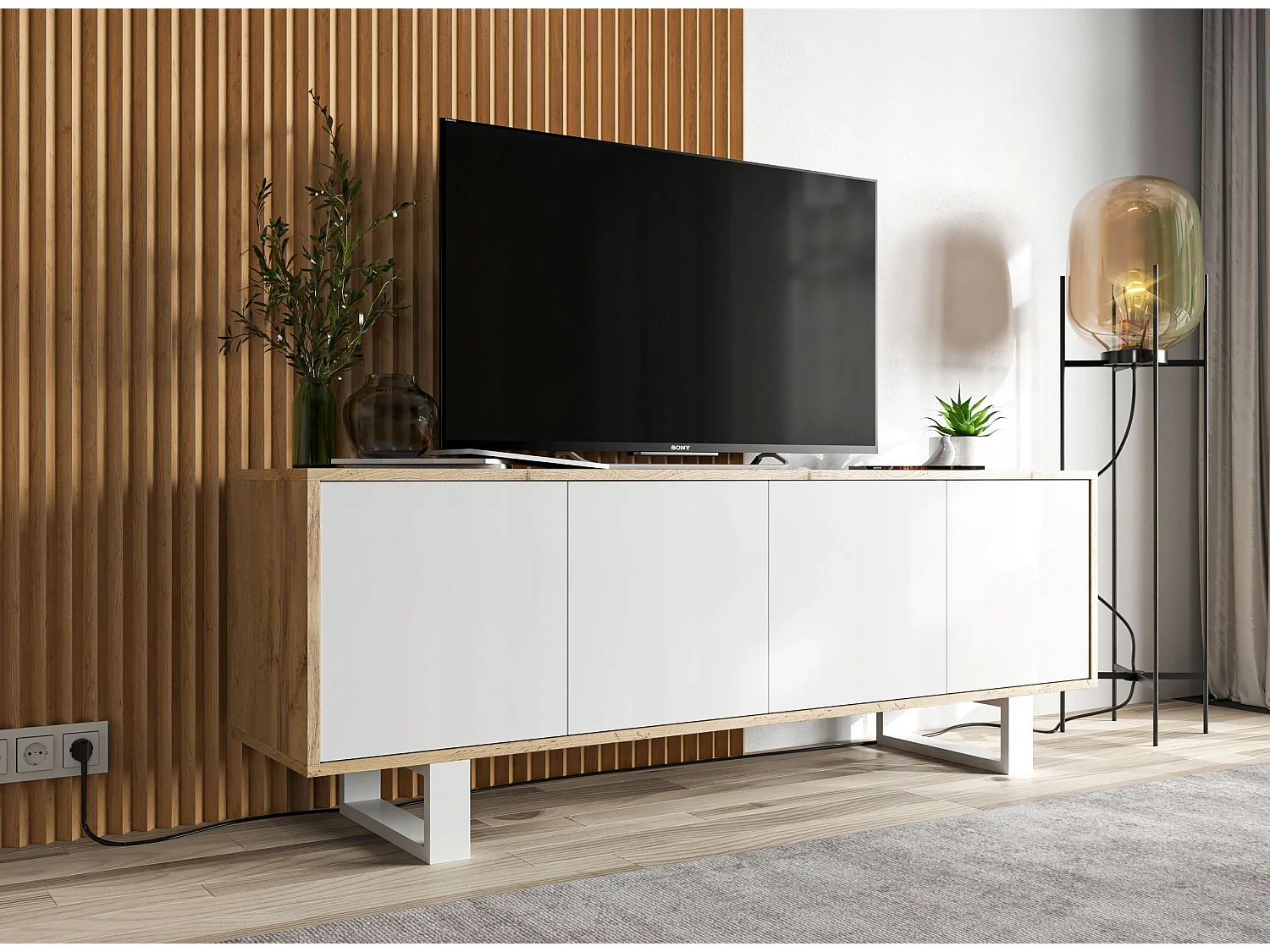 Meuble TV avec 4 portes - carcasse chêne wotan façades blanc mat - 150 cm, pieds en métal