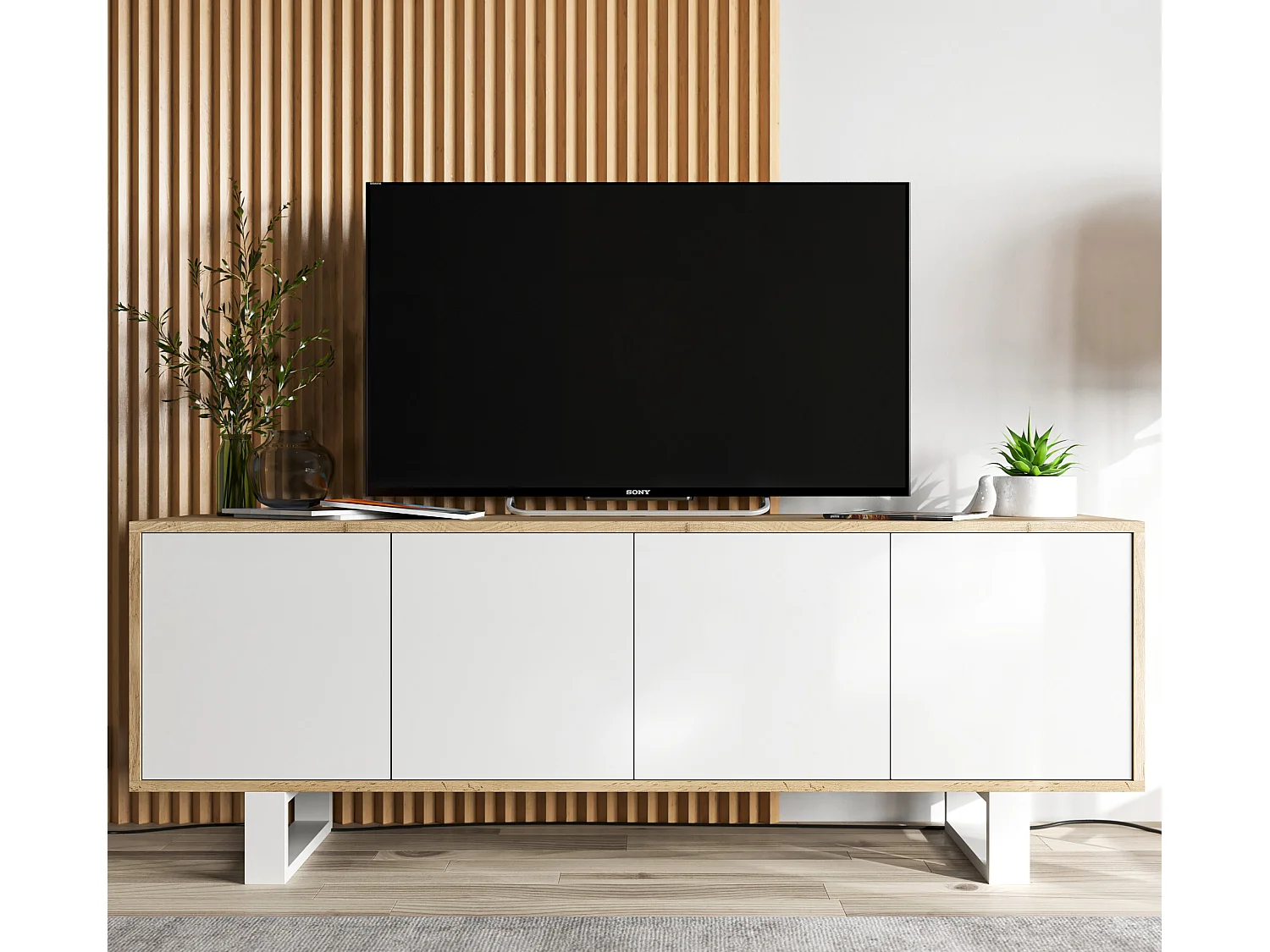 Meuble TV avec 4 portes - carcasse chêne wotan façades blanc mat - 150 cm, pieds en métal