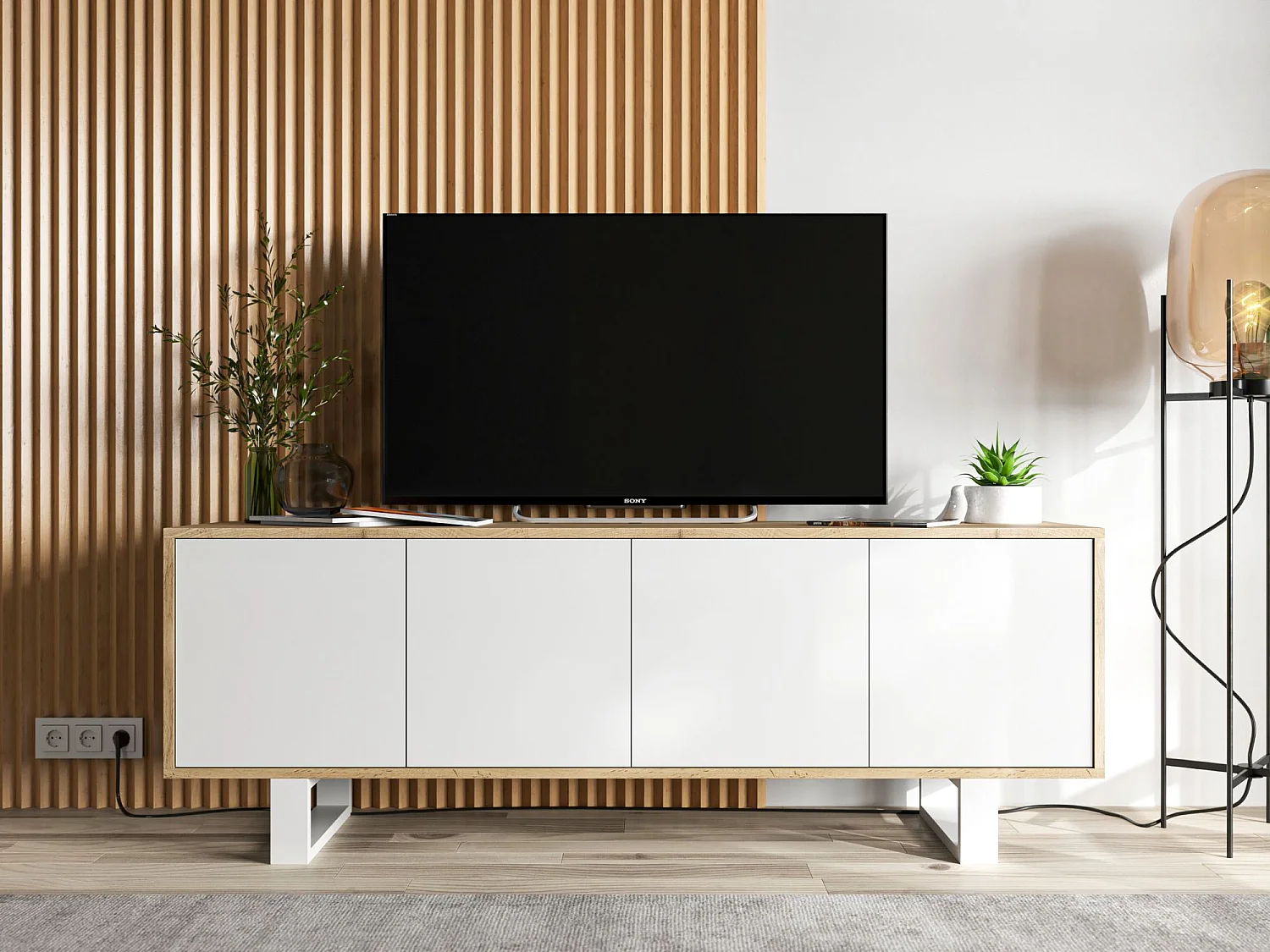 Meuble TV avec 4 portes - carcasse chêne wotan façades blanc mat - 150 cm, pieds en métal