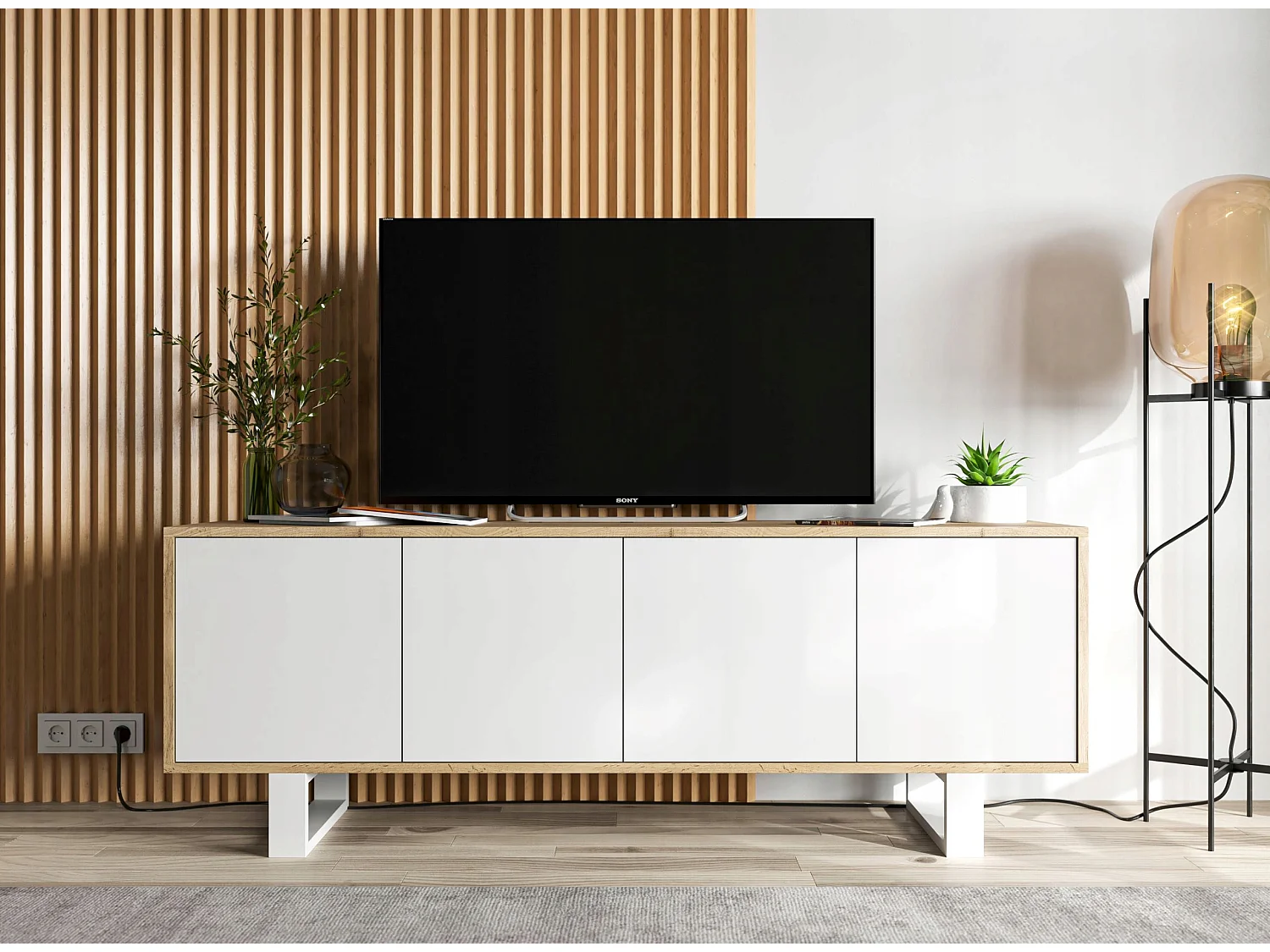 Meuble TV avec 4 portes - carcasse chêne wotan façades blanc mat - 150 cm, pieds en métal
