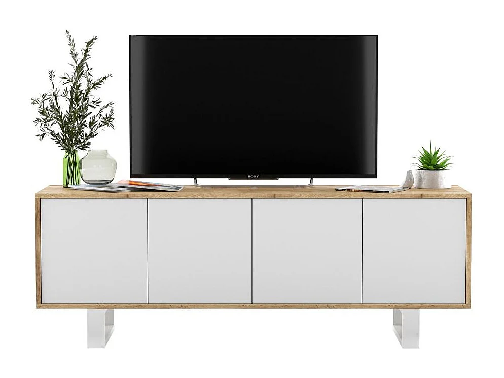 Tv-meubel met 4 deuren - kast eiken wotan fronten mat wit - 150 cm, metalen poten