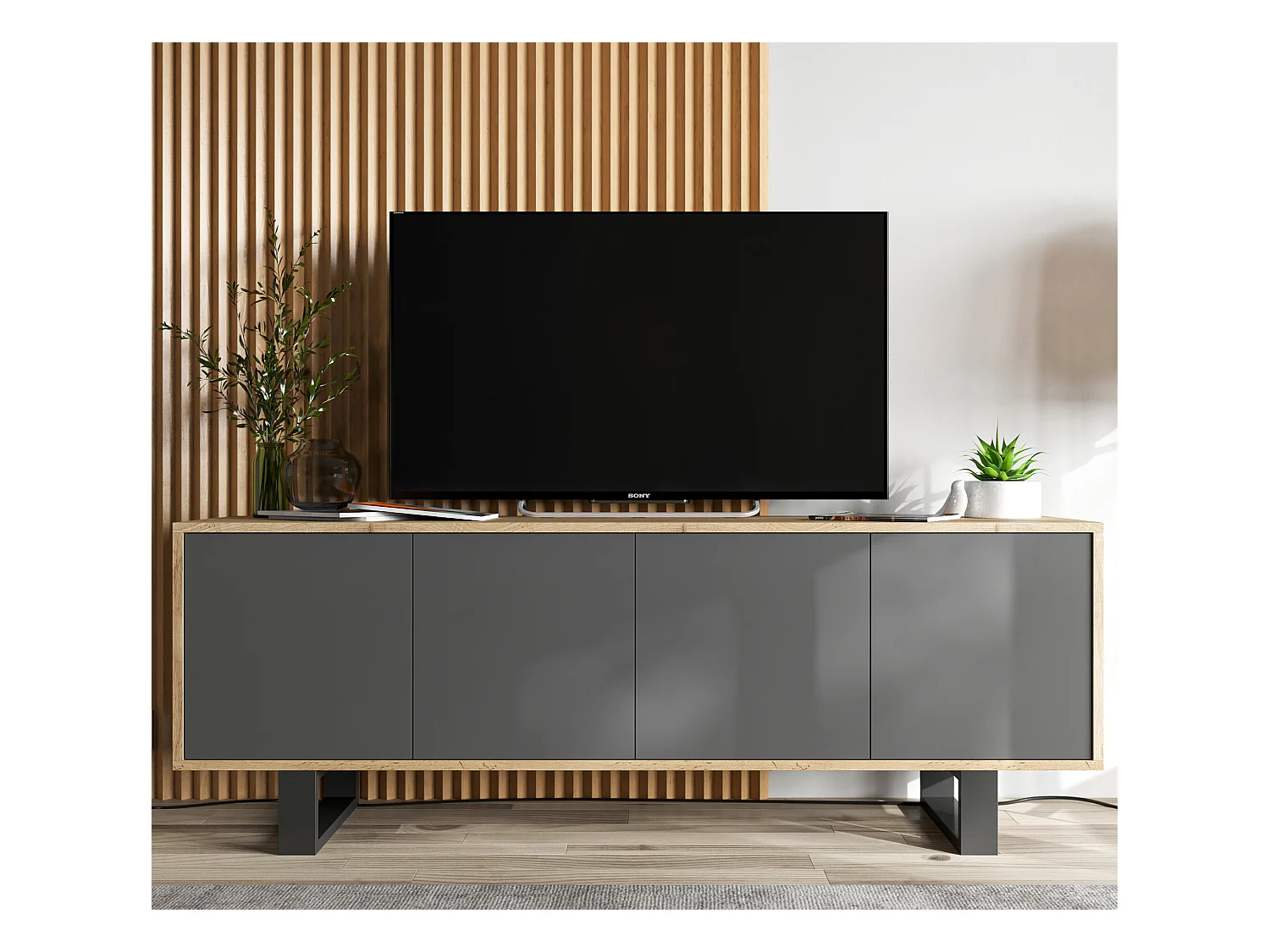 Meuble TV avec 4 portes - carcasse chêne wotan façades graphite mat - 150 cm, pieds en métal